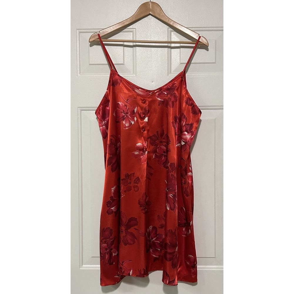 Vintage Barbizon Nightgown Red Tropical‎ Floral Spaghetti Straps Sz XL